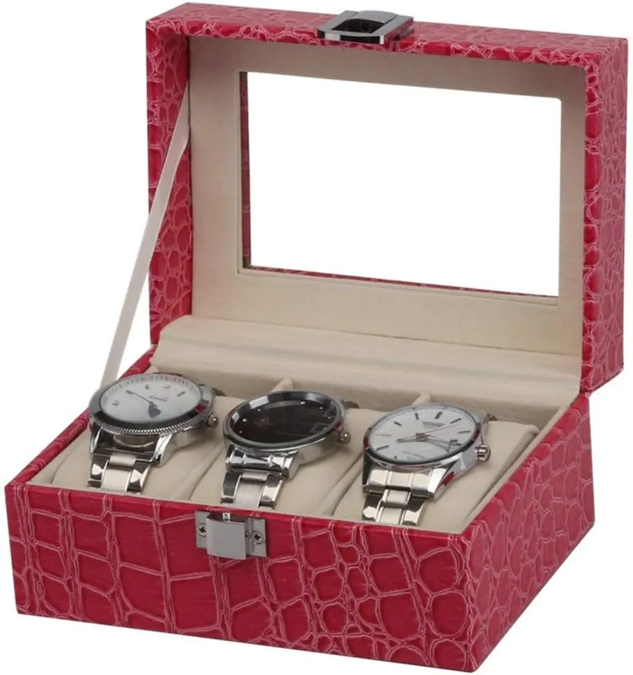 * 11.2 * 8cm Fashion Watch Storage Case 3 Compartment Watch Pu Large wear intensify attractiveness aptitude man Compartment Transparent Window Cushion Storage Box for Storage and Display Watch Noble/Rose red / 15.5 