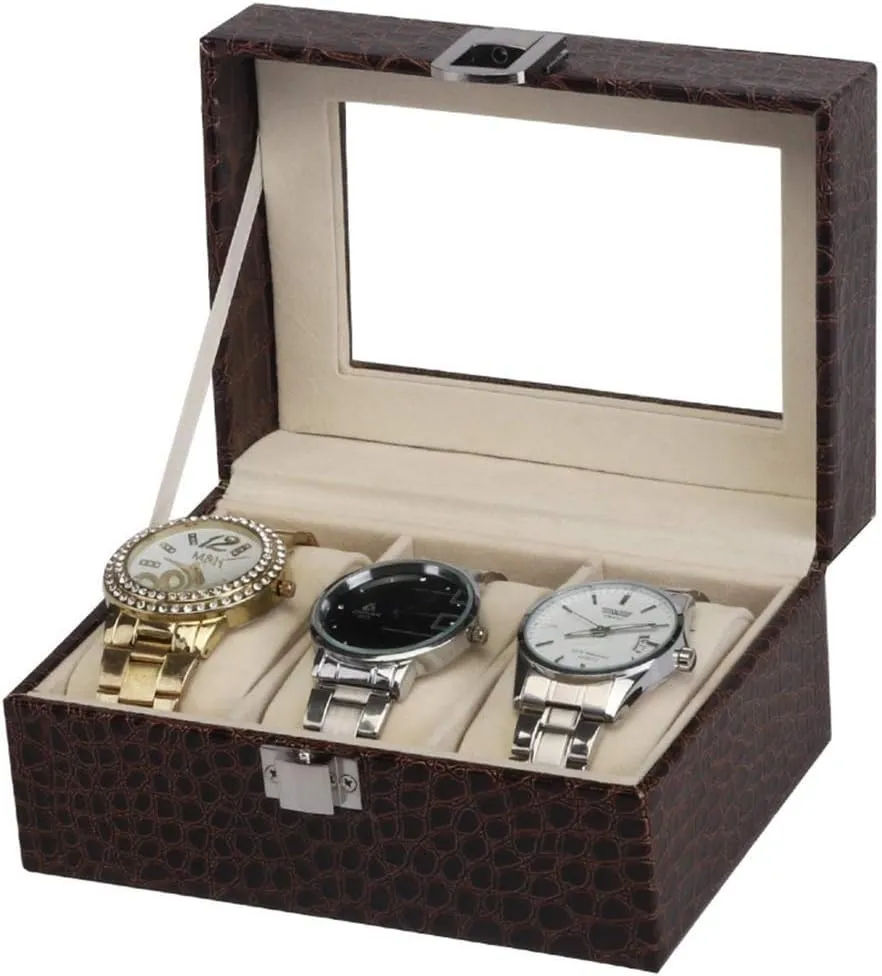 * 11.2 * 8cm Fashion Watch Storage Case 3 Compartment Watch Pu Large wear intensify attractiveness aptitude man Compartment Transparent Window Cushion Storage Box for Storage and Display Watch Noble/Rose red / 15.5 
