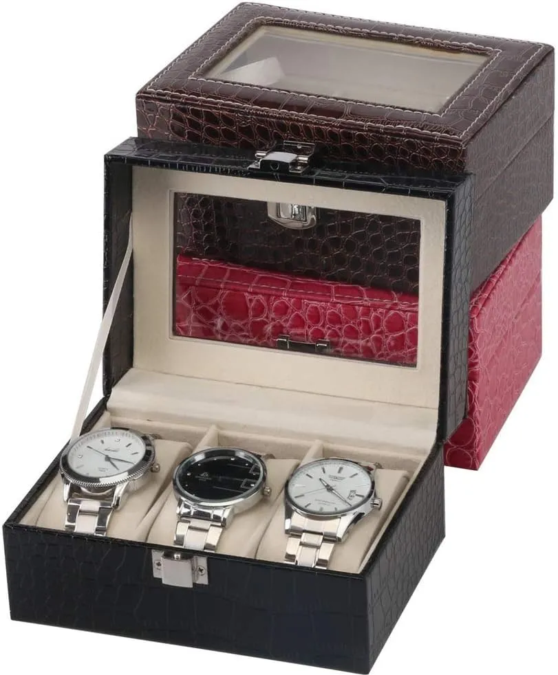 * 11.2 * 8cm Fashion Watch Storage Case 3 Compartment Watch Pu Large wear intensify attractiveness aptitude man Compartment Transparent Window Cushion Storage Box for Storage and Display Watch Noble/Rose red / 15.5 