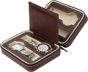 : One Size) (Brown One Size) 4 Slots Faux Leather Watch Travel Case Collector Storage Zipper performance confer spacious sediment Watches Box Brown/Black (Color : Black, Size 