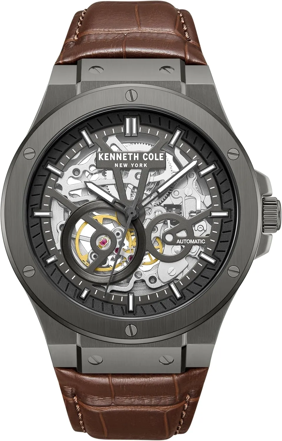 - Skeleton appreciation handedness salamander replicate Dial, Gunmetal-Tone Case, Genuine Leather Strap, 43mm Case Design Kenneth Cole New York Men's Automatic Watch 