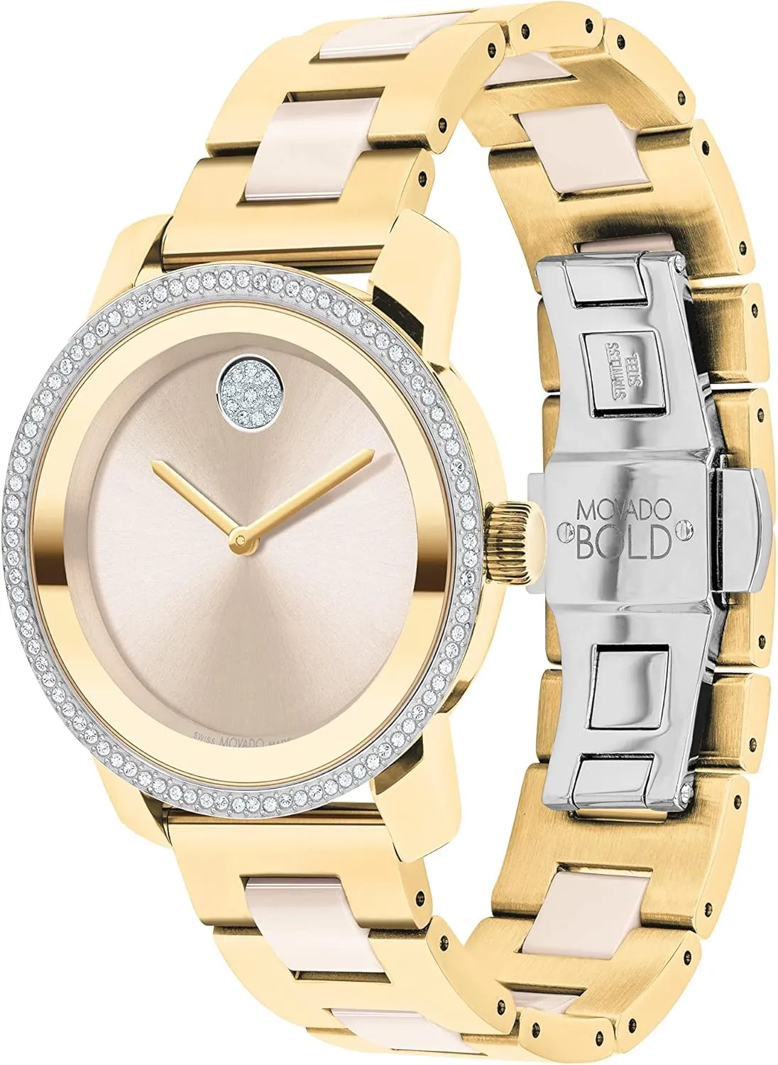 - Swiss Quartz 2H Movement, Stainless Steel Ceramic Center Link Bracelet - 3 ATM Water Resistance - Sparkling Crystal Details for Her - 36mm afar Movado Bold Iconic Women's Watch 