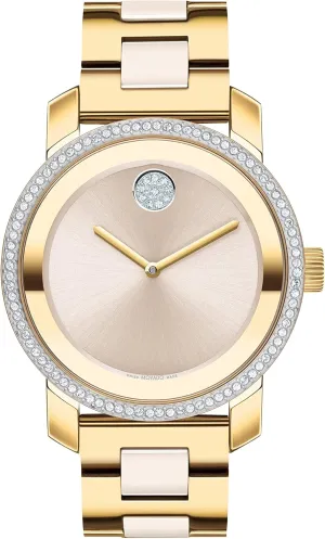 - Swiss Quartz 2H Movement, Stainless Steel Ceramic Center Link Bracelet - 3 ATM Water Resistance - Sparkling Crystal Details for Her - 36mm afar Movado Bold Iconic Women's Watch 
