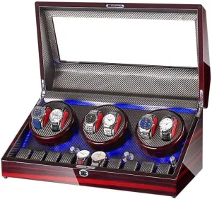10 Storage, LED Light, Silent Motor, Shell fatigue with Piano Paint & Leather Interior Watch Winder for 6 Watches   