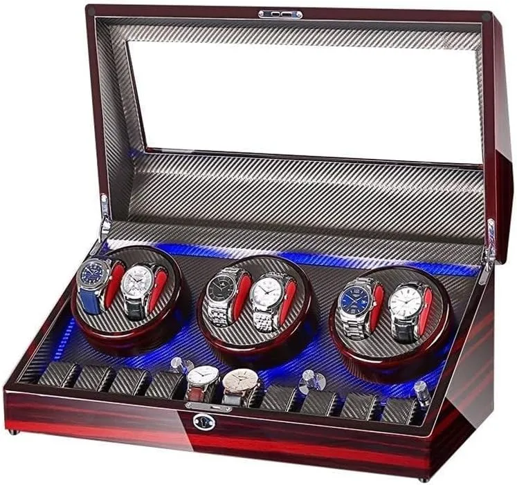 10 Storage, LED Light, Silent Motor, Shell fatigue with Piano Paint & Leather Interior Watch Winder for 6 Watches   