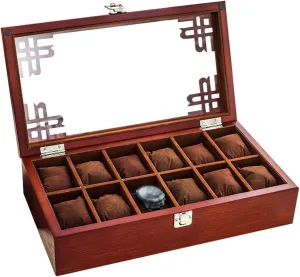 12 etch Watch Luxury Jewellery Display Storage Box Bracelet Tray Cufflink Organizer with 12 Removal Storage Pillows and Metal Clasp (Brown) MUSUMI Wooden Watch Box Glass Lid 