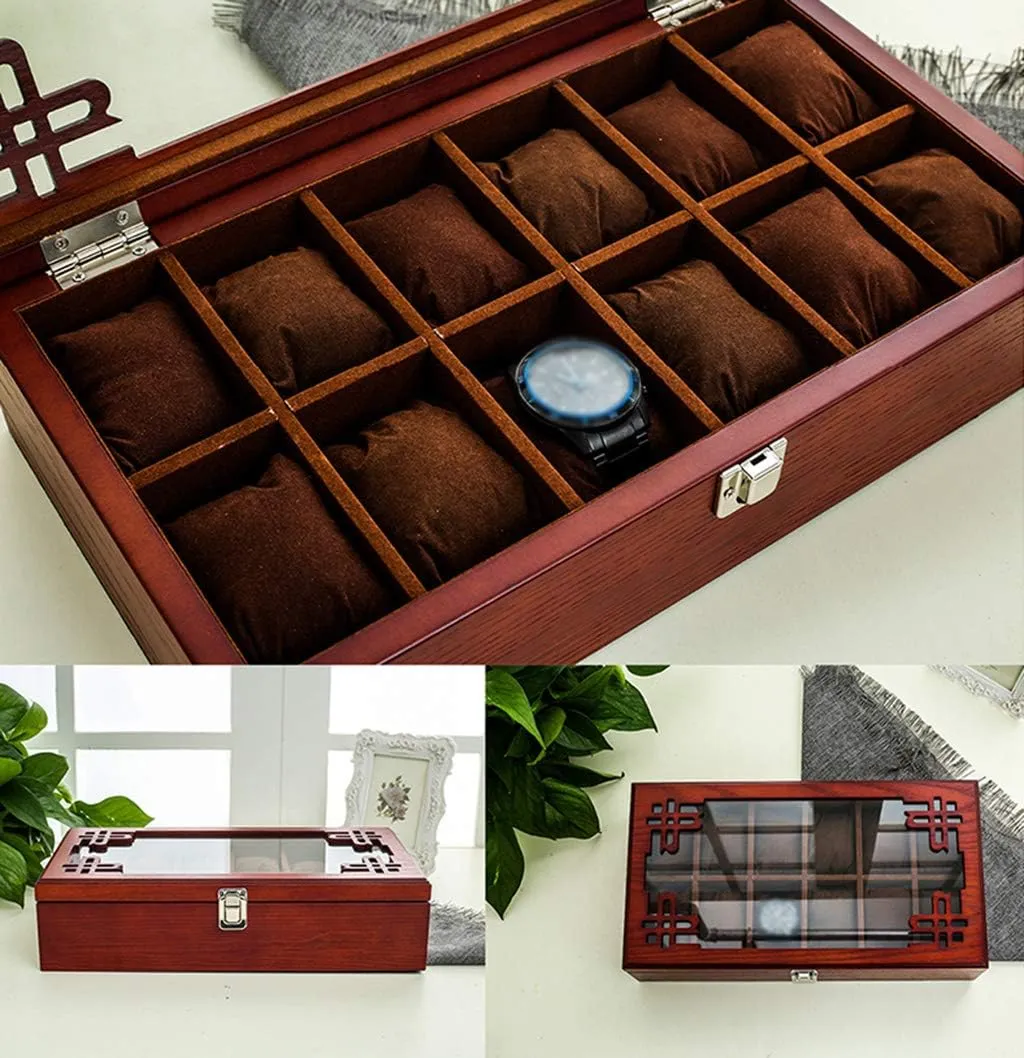 12 etch Watch Luxury Jewellery Display Storage Box Bracelet Tray Cufflink Organizer with 12 Removal Storage Pillows and Metal Clasp (Brown) MUSUMI Wooden Watch Box Glass Lid 