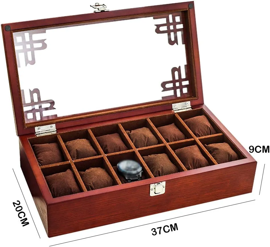 12 etch Watch Luxury Jewellery Display Storage Box Bracelet Tray Cufflink Organizer with 12 Removal Storage Pillows and Metal Clasp (Brown) MUSUMI Wooden Watch Box Glass Lid 