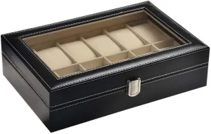 12 Grid Premium PU Leather Transparent Glass Window Lockable Metal Buckle Watch Display Storage Box Watch Storage Box Luxury Watch Storage Box satiric Holder Display Organizer 