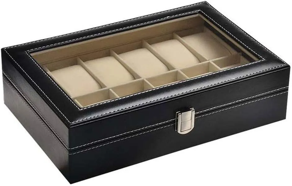 12 Grid Premium PU Leather Transparent Glass Window Lockable Metal Buckle Watch Display Storage Box Watch Storage Box Luxury Watch Storage Box satiric Holder Display Organizer 