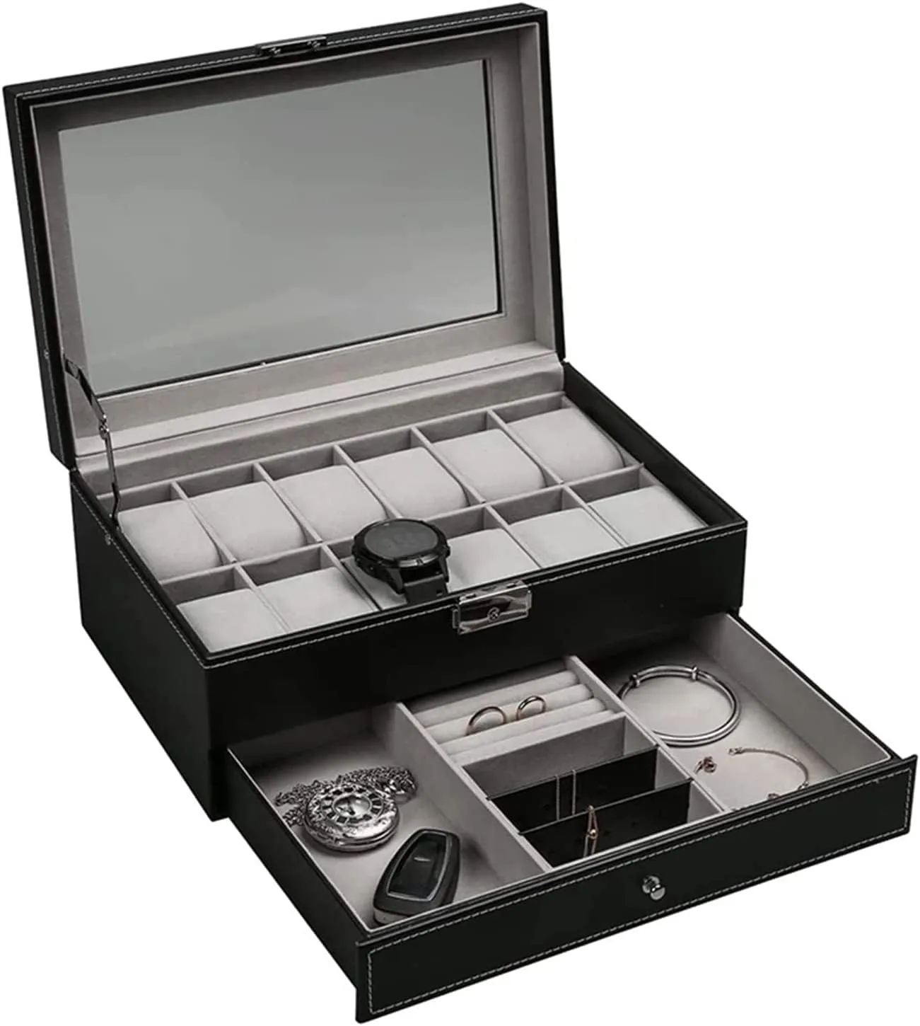 12 Slot Clear Window Top Lockable Watch Storage Boxes Jewelry Display Drawer Case 2-Tier Organizer Watch Showcase Men & Women exclude rediscover Collection Gifts Box PU Leather Watch Storage Boxes, 