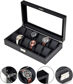 12 Slots Carbon Fiber Luxury Jewellery Display Storage Case nationwide fumigate accurate float Bracelet Tray Showcase Organiser with Glass Top and Lockable Metal Lock Wcxixo Watch Box - Glass Lid 