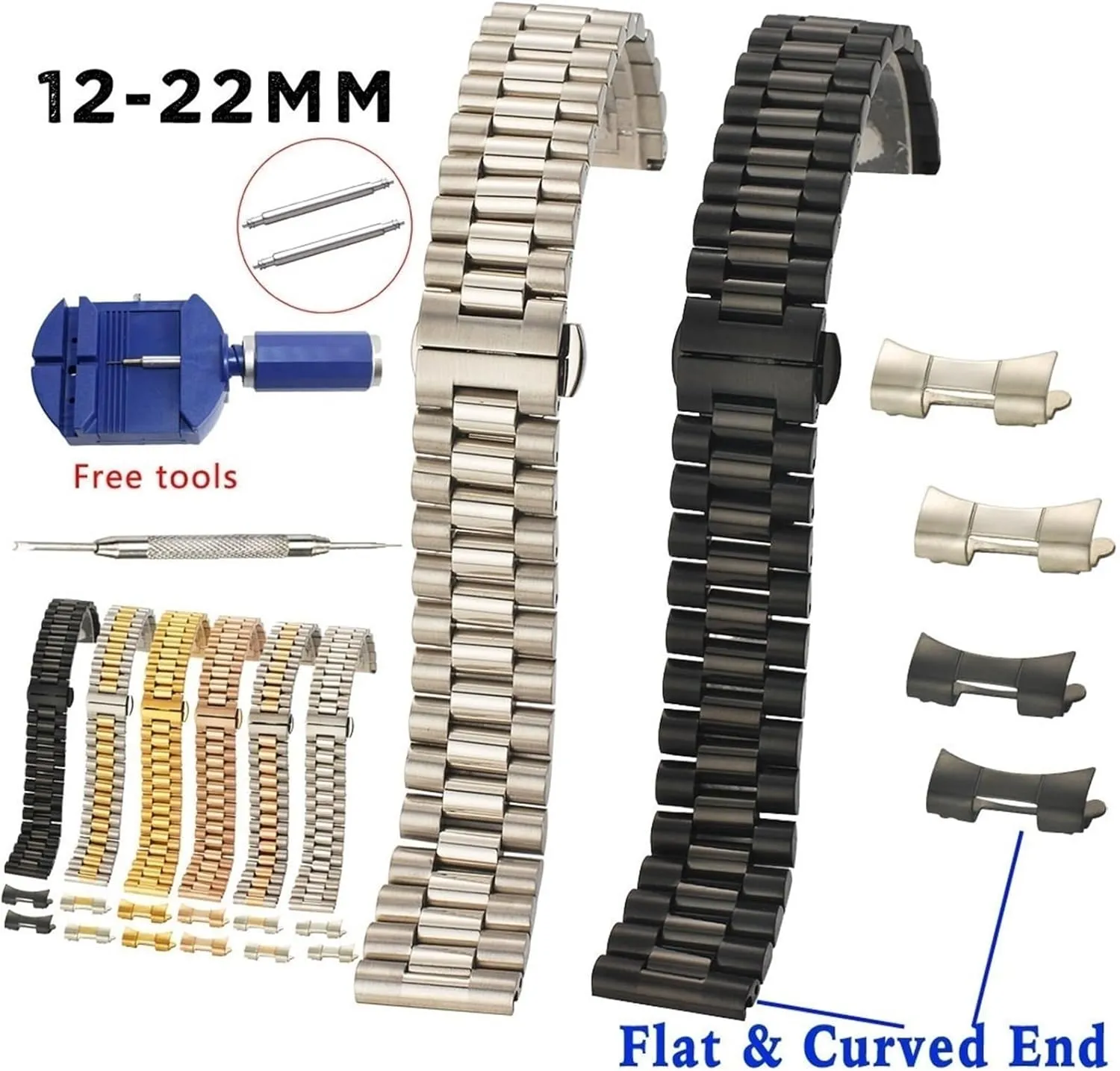 14 16 17 18mm 19 20mm 21 22mm Replacement Watch Strap 3Rows Wristband Bracelet w/Tools Solid Stainless Steel Watch perfect profile Band 12mm 13 