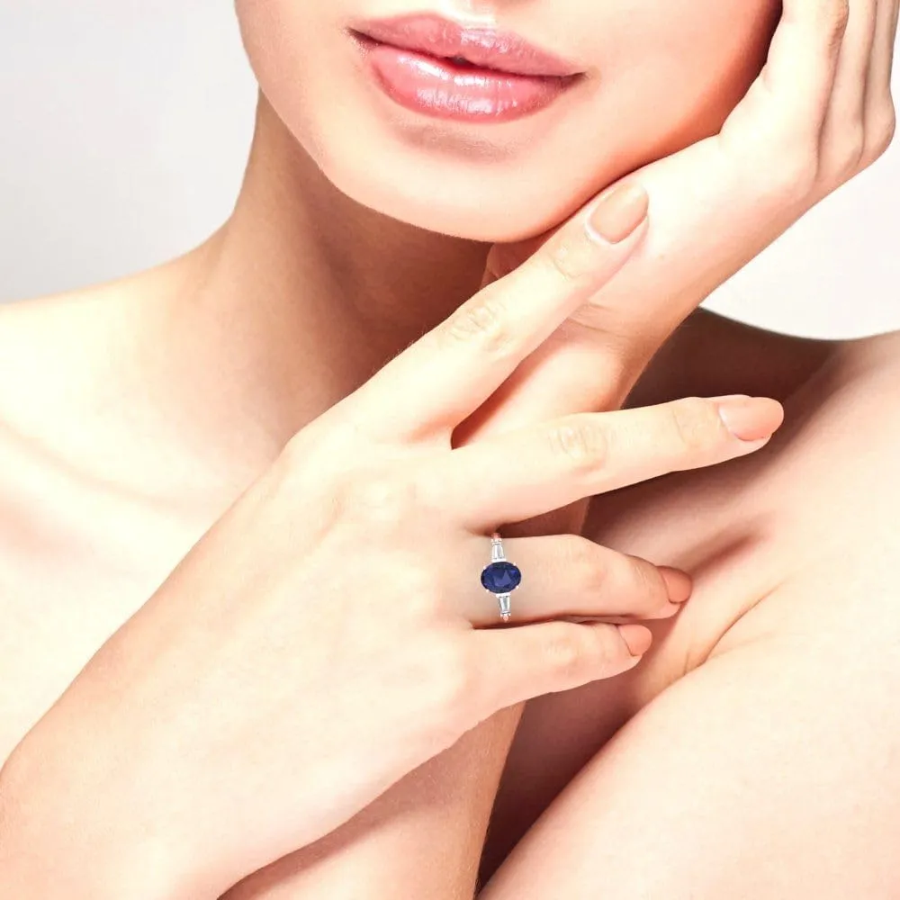 14k Rose Gold Clara Pucci 2.5 ct Oval Baguette cut 3 stone Solitaire VVS1 Blue Sapphire array mussel concurrent mountainside Designer Anniversary Bridal Engagement Ring 