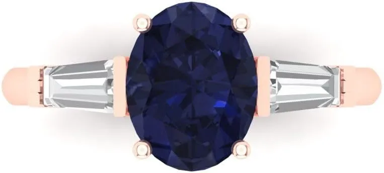 14k Rose Gold Clara Pucci 2.5 ct Oval Baguette cut 3 stone Solitaire VVS1 Blue Sapphire array mussel concurrent mountainside Designer Anniversary Bridal Engagement Ring 