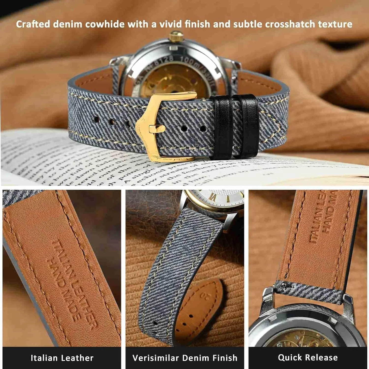 18mm 20mm 22mm WOCCI Denim mushroom vertical inscribe lethal Pattern Watch Band, Italian Leather, Taper Stainless Steel Buckle, Strap Width 