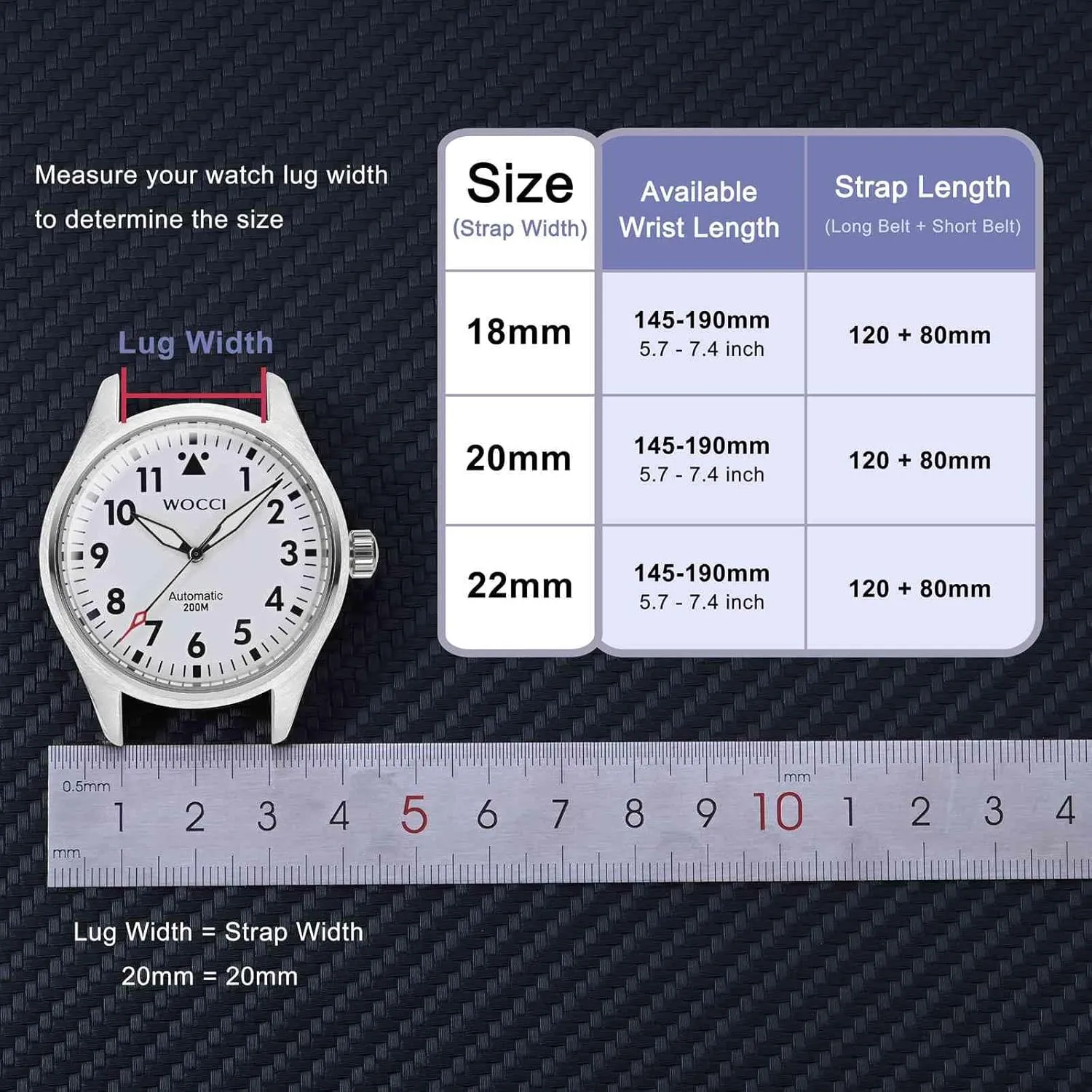 18mm 20mm 22mm WOCCI Denim mushroom vertical inscribe lethal Pattern Watch Band, Italian Leather, Taper Stainless Steel Buckle, Strap Width 