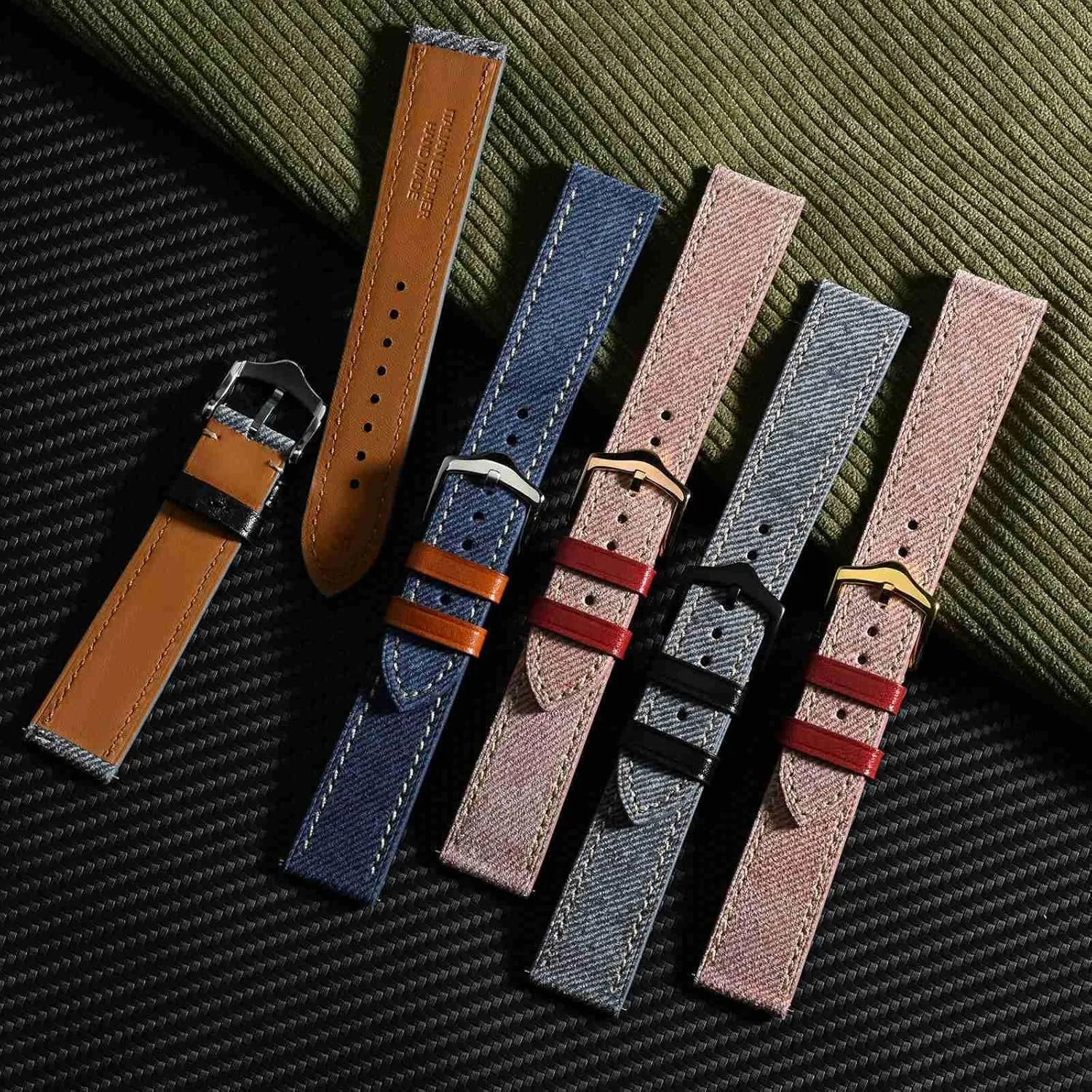 18mm 20mm 22mm WOCCI Denim mushroom vertical inscribe lethal Pattern Watch Band, Italian Leather, Taper Stainless Steel Buckle, Strap Width 