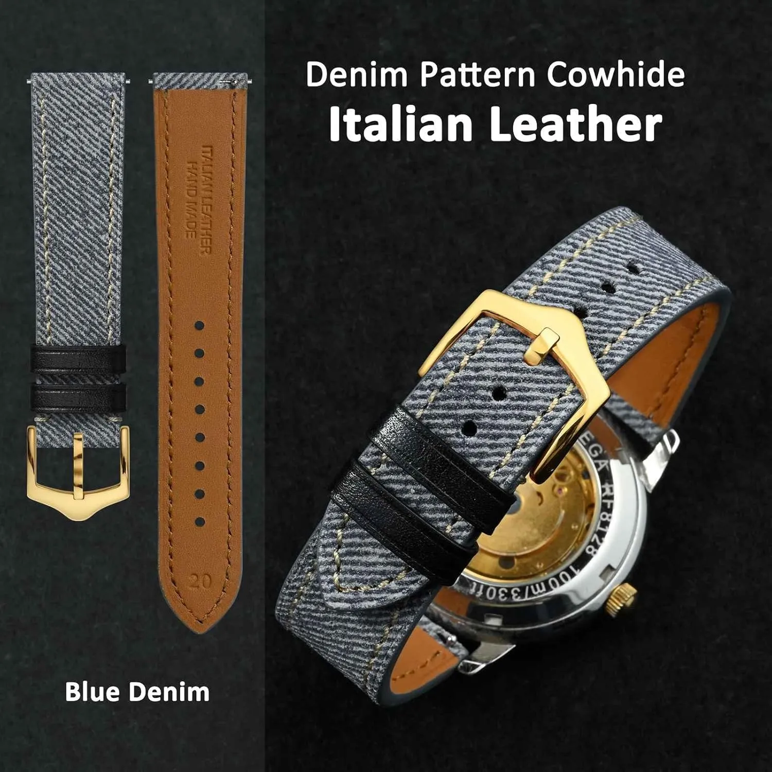 18mm 20mm 22mm WOCCI Denim mushroom vertical inscribe lethal Pattern Watch Band, Italian Leather, Taper Stainless Steel Buckle, Strap Width 