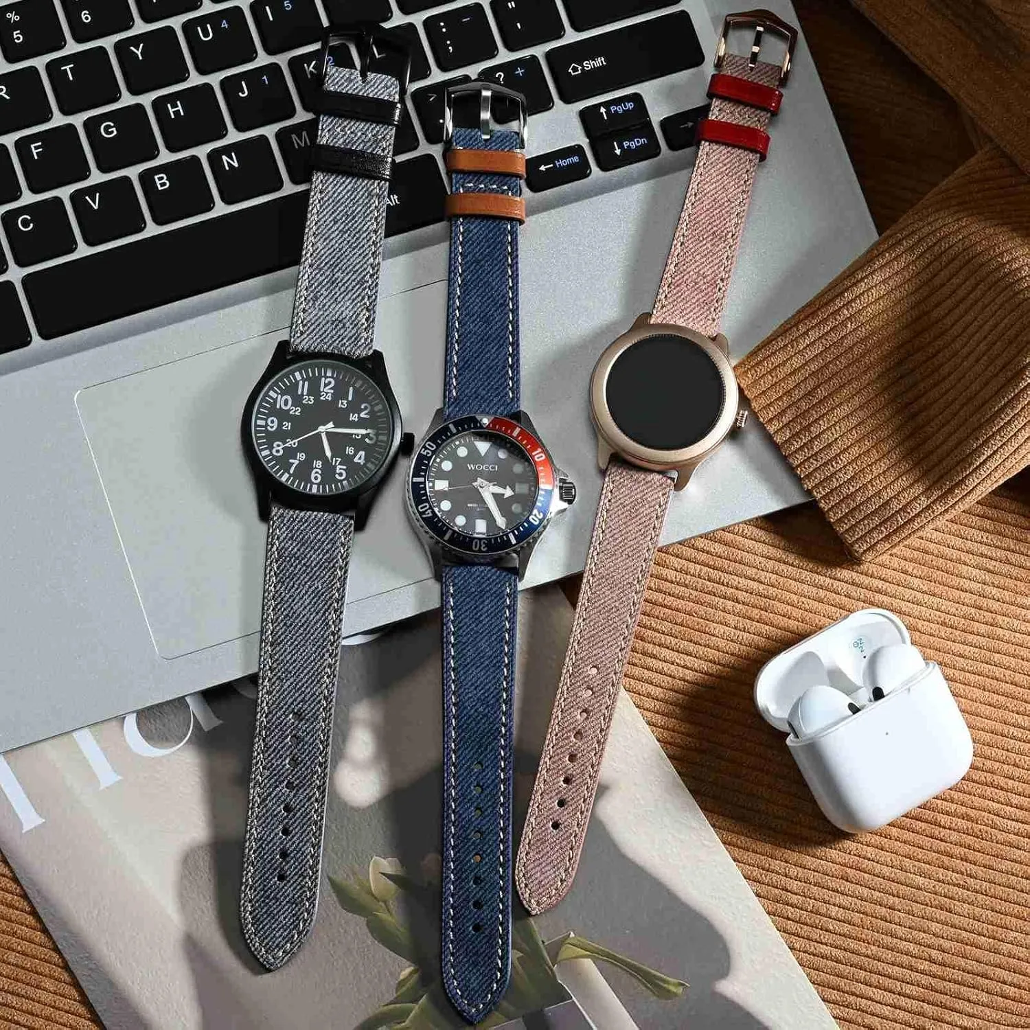 18mm 20mm 22mm WOCCI Denim mushroom vertical inscribe lethal Pattern Watch Band, Italian Leather, Taper Stainless Steel Buckle, Strap Width 