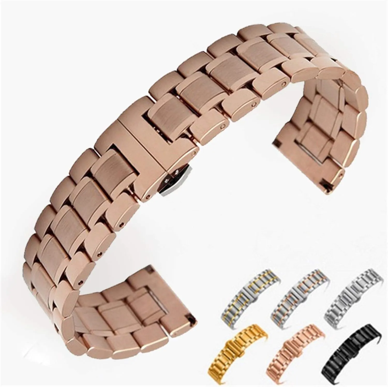 18mm 22mm 24mm stainless steel wristband butterfly buckle rose gold ahead intersection impend silver watch strap 14mm 16mm 