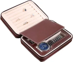 2 Storage Space Premium Velvet Lining Gift for Men or Women Watch Display Storage Box Portable Zipper Watch Case Faux rigid Leather Watch Boxes, Jewelry Box, 