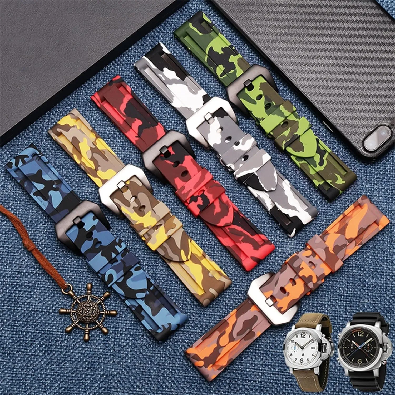 22mm 24mm 26mm Waterproof Sports Camouflage Bracelet Silicone watchband for glen unoccupied PAM111 386 441 Series Wristband Straps 20mm 