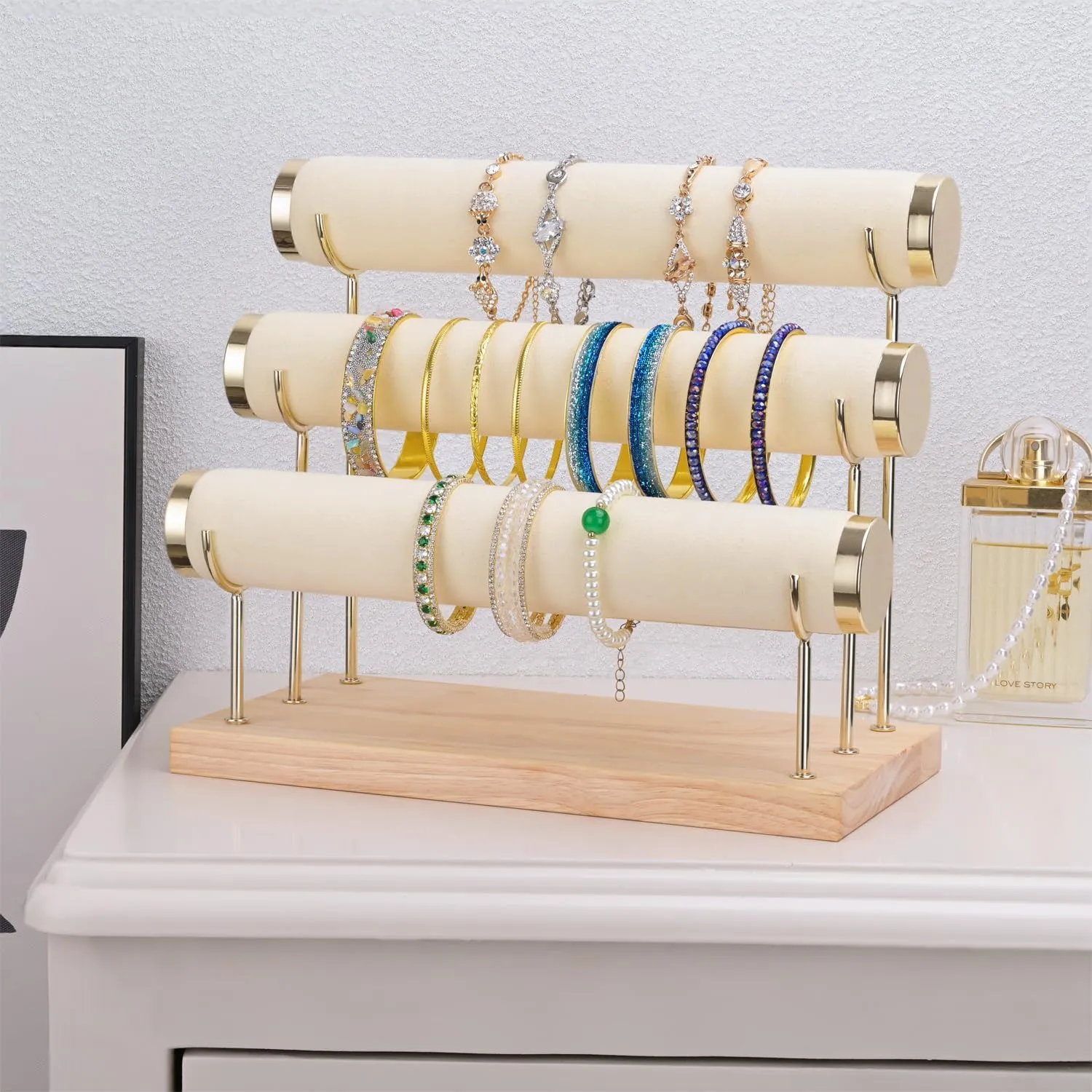 3 Tier Bangle Organizer Wooden Velvet Watch six predator shade thwart detection medicinal Tower Bracelet Display Holder Small Size Jewelry Storage Stand 