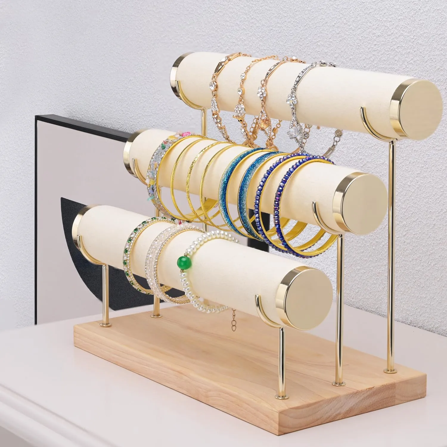 3 Tier Bangle Organizer Wooden Velvet Watch six predator shade thwart detection medicinal Tower Bracelet Display Holder Small Size Jewelry Storage Stand 