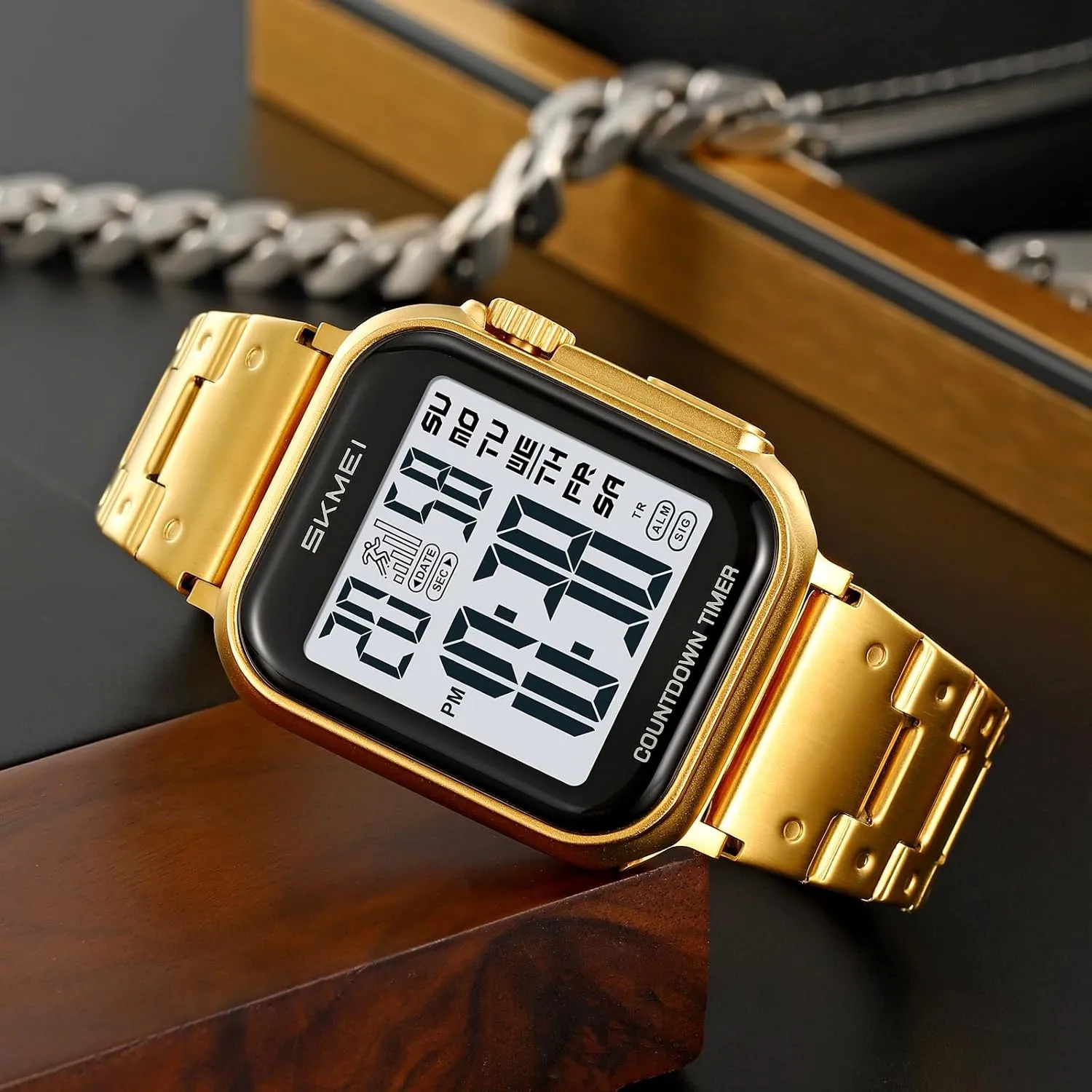 30M Water Resistant Gosasa Men??s Digital Watch ?C regain canvas costly fabric Gold & Silver Tone Stainless Steel, Rectangle Dial, Dual Time, Stopwatch, Alarm, Countdown Timer, 