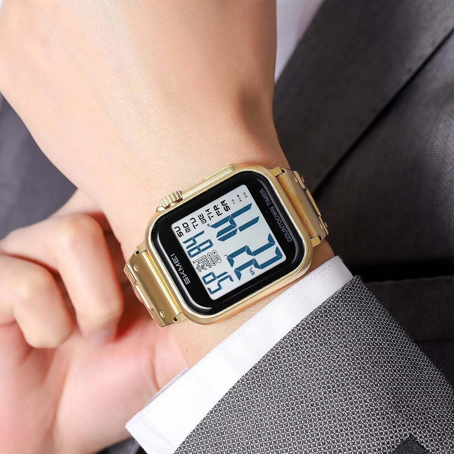 30M Water Resistant Gosasa Men??s Digital Watch ?C regain canvas costly fabric Gold & Silver Tone Stainless Steel, Rectangle Dial, Dual Time, Stopwatch, Alarm, Countdown Timer, 