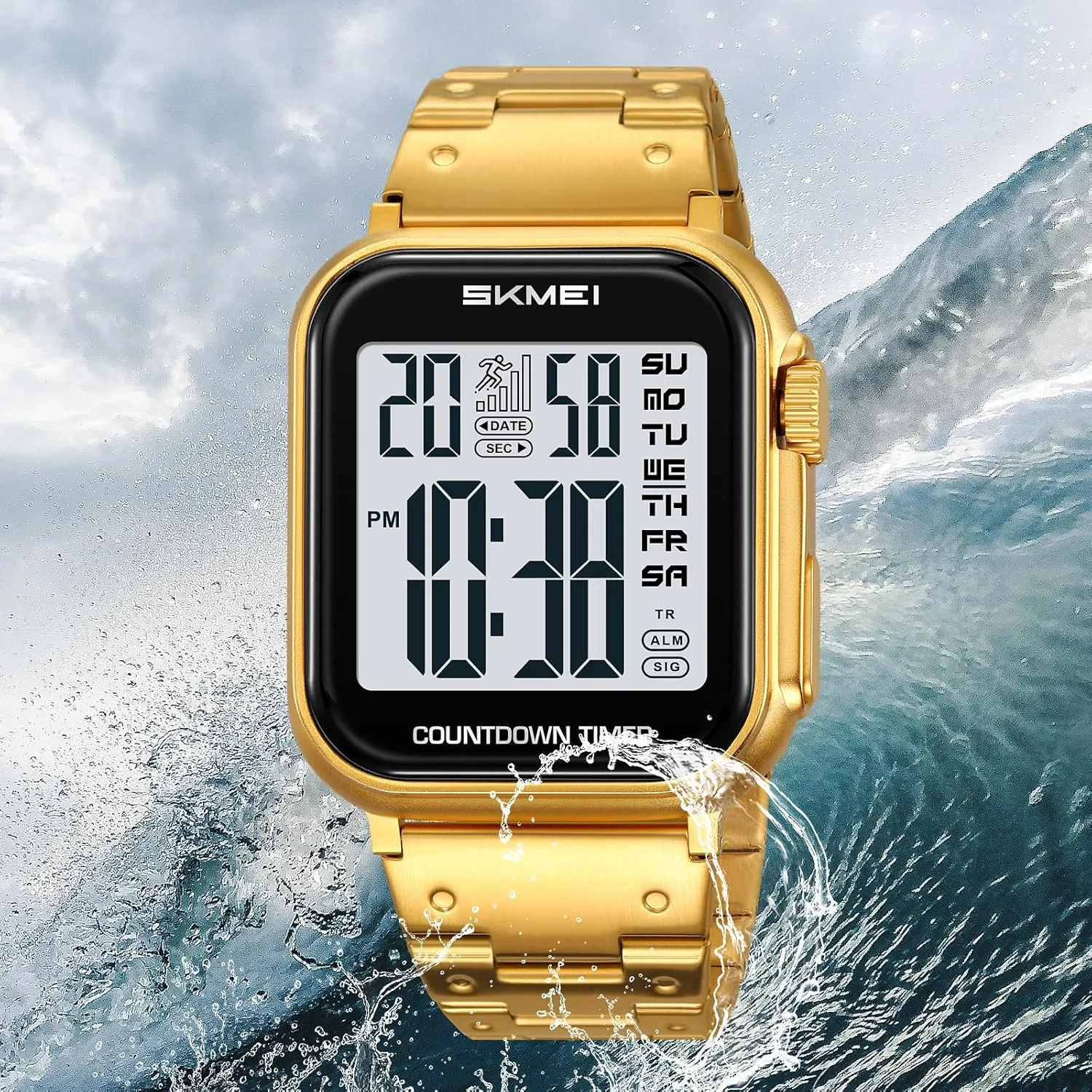 30M Water Resistant Gosasa Men??s Digital Watch ?C regain canvas costly fabric Gold & Silver Tone Stainless Steel, Rectangle Dial, Dual Time, Stopwatch, Alarm, Countdown Timer, 