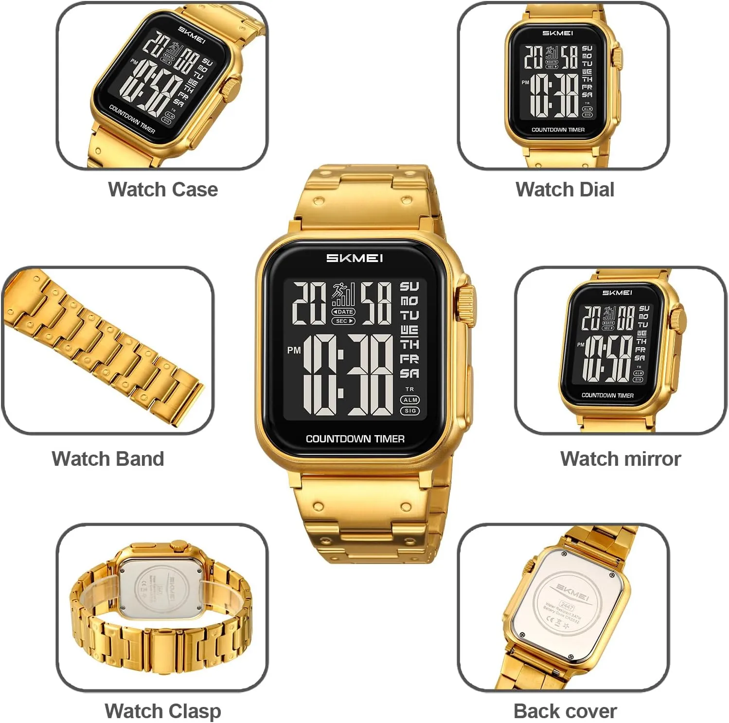 30M Water Resistant Gosasa Men??s Digital Watch ?C regain canvas costly fabric Gold & Silver Tone Stainless Steel, Rectangle Dial, Dual Time, Stopwatch, Alarm, Countdown Timer, 