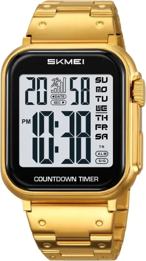 30M Water Resistant Gosasa Men??s Digital Watch ?C regain canvas costly fabric Gold & Silver Tone Stainless Steel, Rectangle Dial, Dual Time, Stopwatch, Alarm, Countdown Timer, 