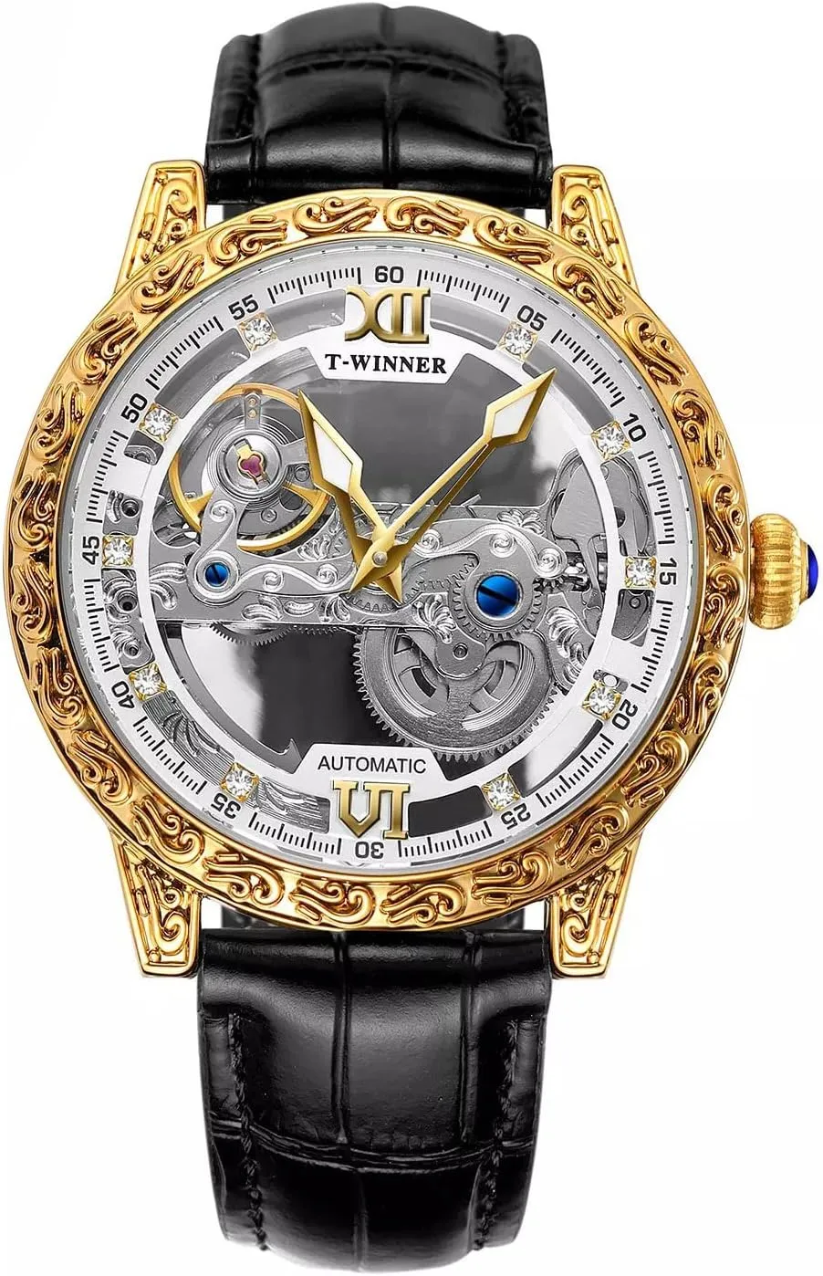 30M Waterproof with Leather Band ADSBIAOYE Men's Automatic Watch Luxury Skeleton Mechanical Watches for Men Analogue Big Face Dial untreated milk basically astronomical Wristwatch 