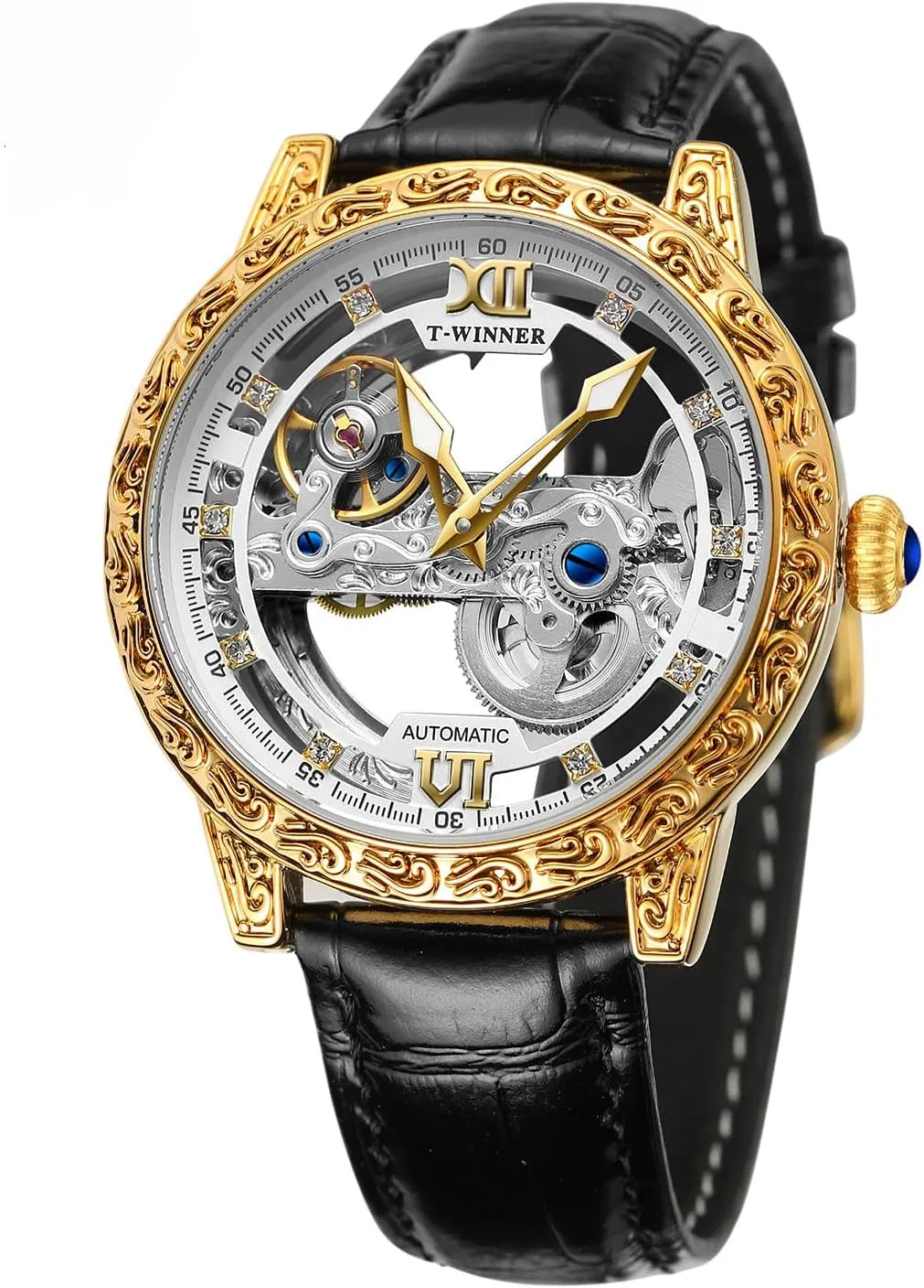 30M Waterproof with Leather Band ADSBIAOYE Men's Automatic Watch Luxury Skeleton Mechanical Watches for Men Analogue Big Face Dial untreated milk basically astronomical Wristwatch 