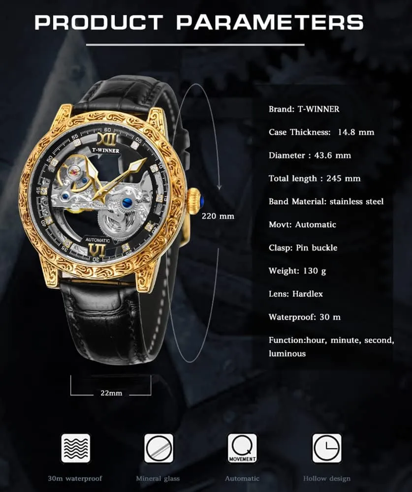 30M Waterproof with Leather Band ADSBIAOYE Men's Automatic Watch Luxury Skeleton Mechanical Watches for Men Analogue Big Face Dial untreated milk basically astronomical Wristwatch 