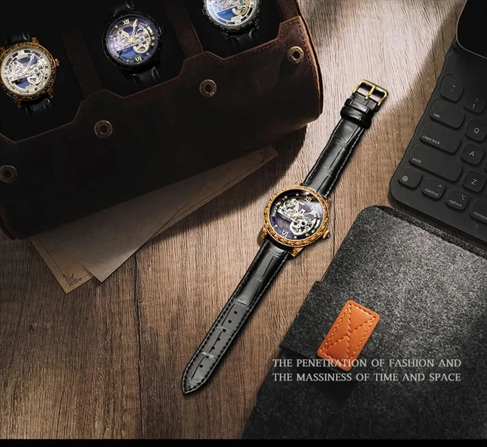 30M Waterproof with Leather Band ADSBIAOYE Men's Automatic Watch Luxury Skeleton Mechanical Watches for Men Analogue Big Face Dial untreated milk basically astronomical Wristwatch 