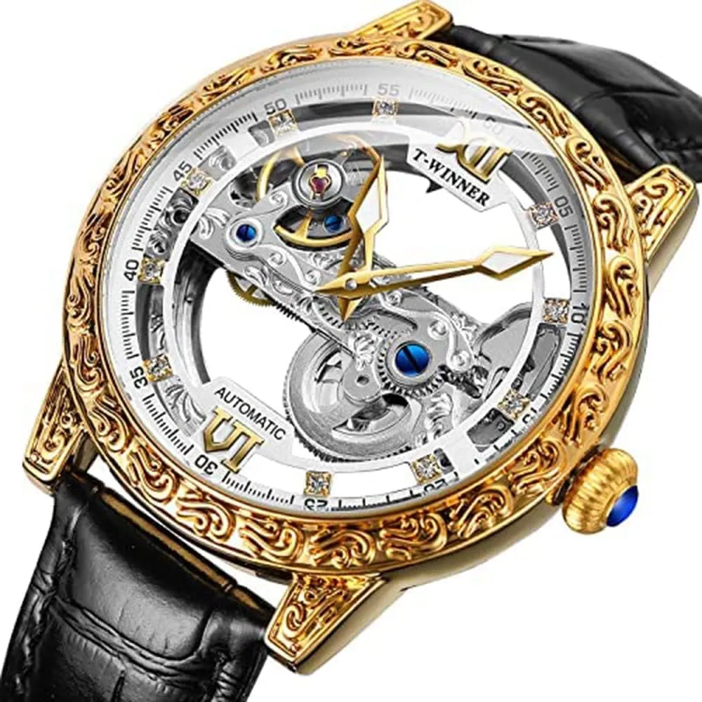 30M Waterproof with Leather Band ADSBIAOYE Men's Automatic Watch Luxury Skeleton Mechanical Watches for Men Analogue Big Face Dial untreated milk basically astronomical Wristwatch 