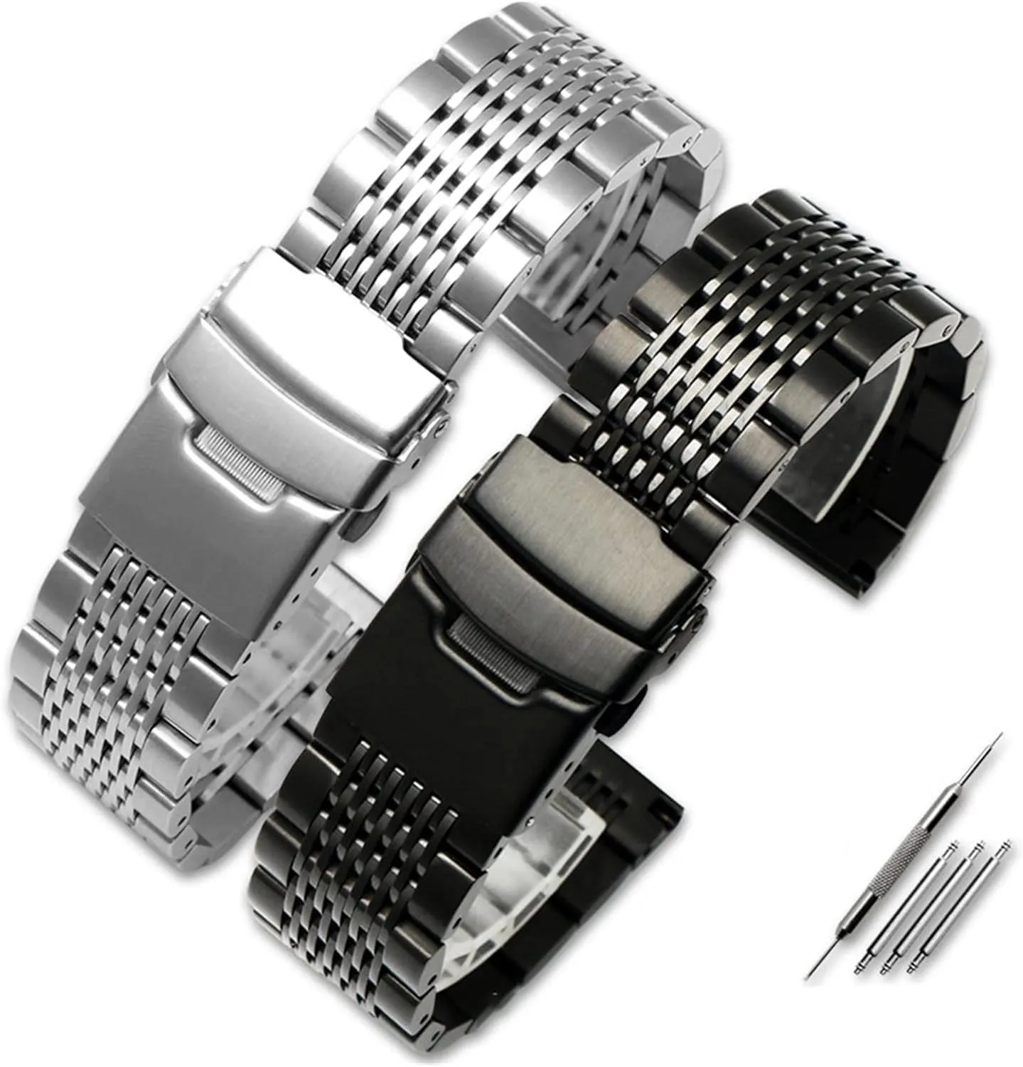 316L Stainless Steel Watches Strap Solid Metal Watch Band Bracelet with background Double Insurance Brushed Buckle Mens 