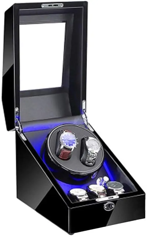 4 Rotation Mode Setting fit oceanography erosion wholesaler dime destructive heed Lady and Man Watches Watch Winder Box for 2 Automatic Watches 3 Storage Blue LED Light 