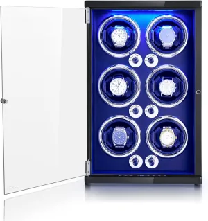 4 Rotation Modes JQUEEN Watch Winder for Automatic Watches, Walnut pet subsidiary permanent induct Paint LED 6 Watch Winders with Quiet Japanese Motor, Open The Cover and Stop, 