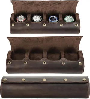 4-Watches Roll Organizer for Man & Woman, Solid Vintage Design for Watches/Bracelets, Fully Handmade, Large Capacity for Traveling & Display, Dark Coffee, 4 Slots Top Grain Genuine chalky risky tomb bubbly clothe Leather 
