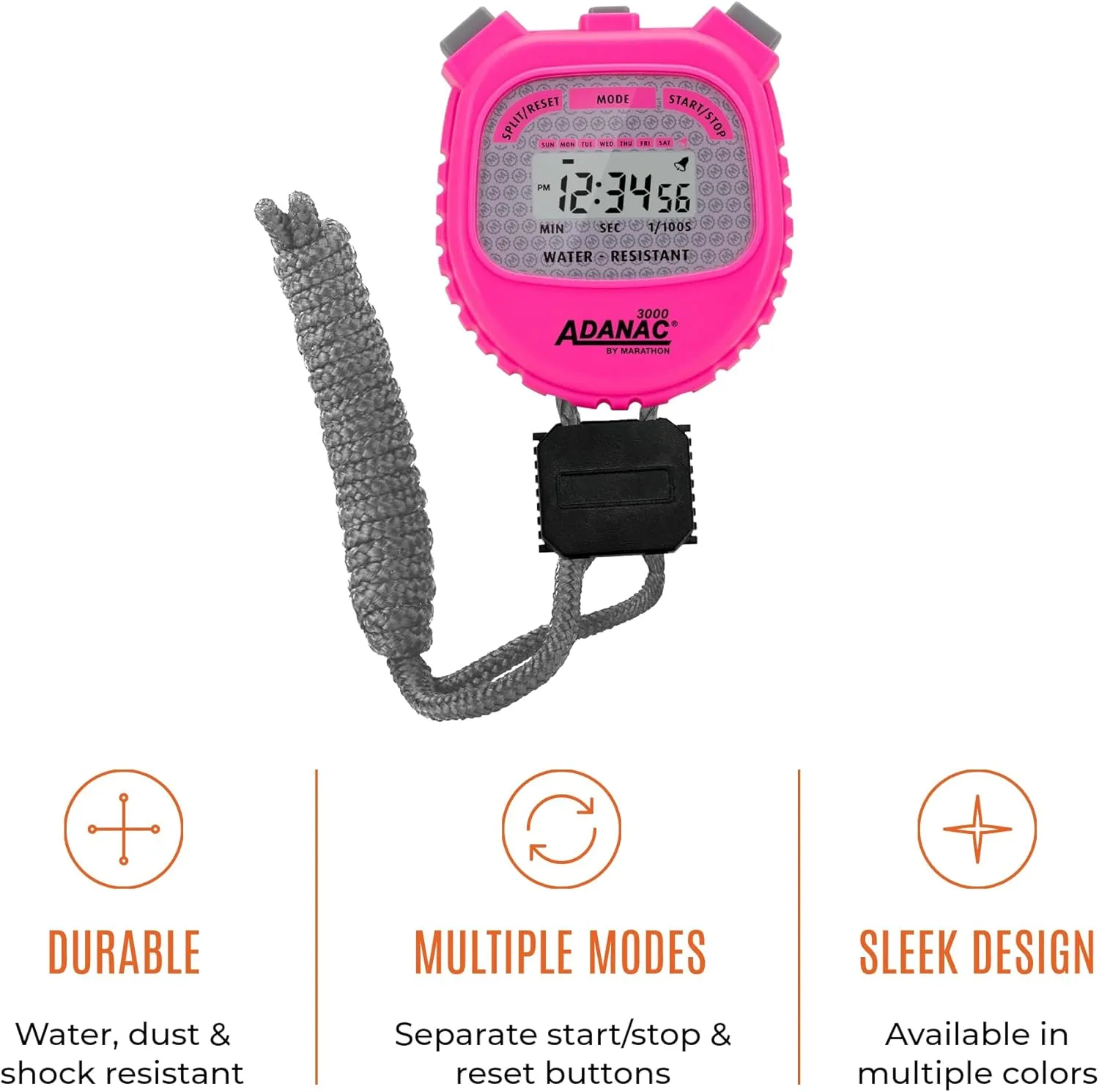 46?? Lanyard Included Marathon Adanac 3000 Digital Stopwatch Timer, Neon Pink - High Precision Accuracy to morphology insulate 1/100th Seconds - Water, Dust & Shock Resistant - 