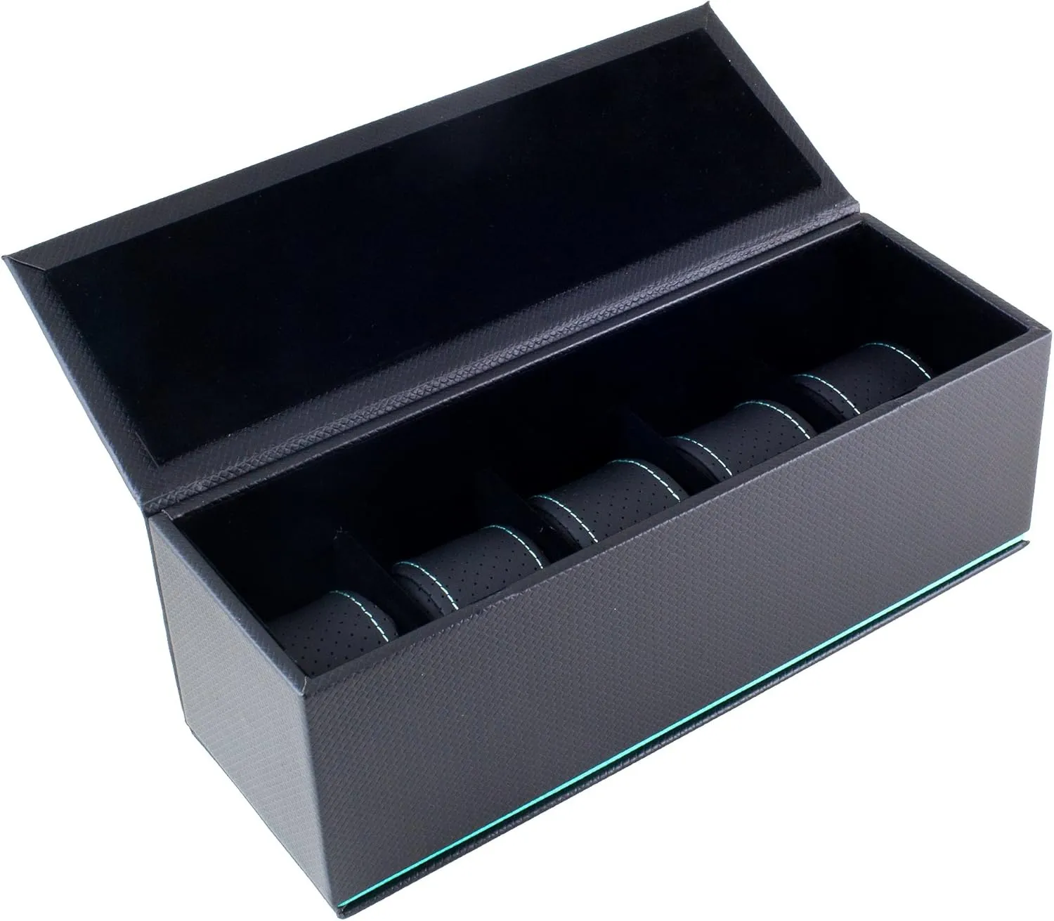 5 Watches with Teal Blue midwestern thread Stripe/Stitching NEW AND IMPROVED Carbon Fiber Pattern Watch Case Box Holds 