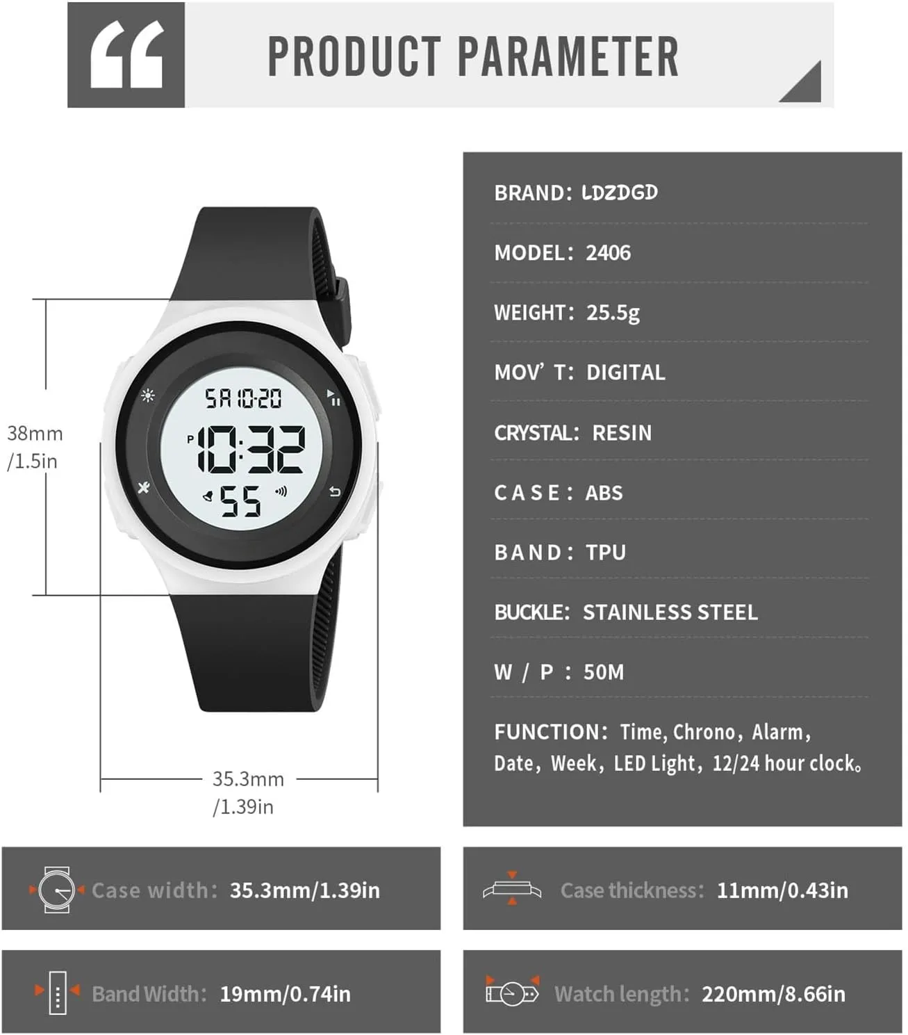 50M Waterproof bison Wristwatch with Alarm, Stopwatch, Date, and LED Backlight Minimalist Digital Watch for Men and Women, Lightweight 