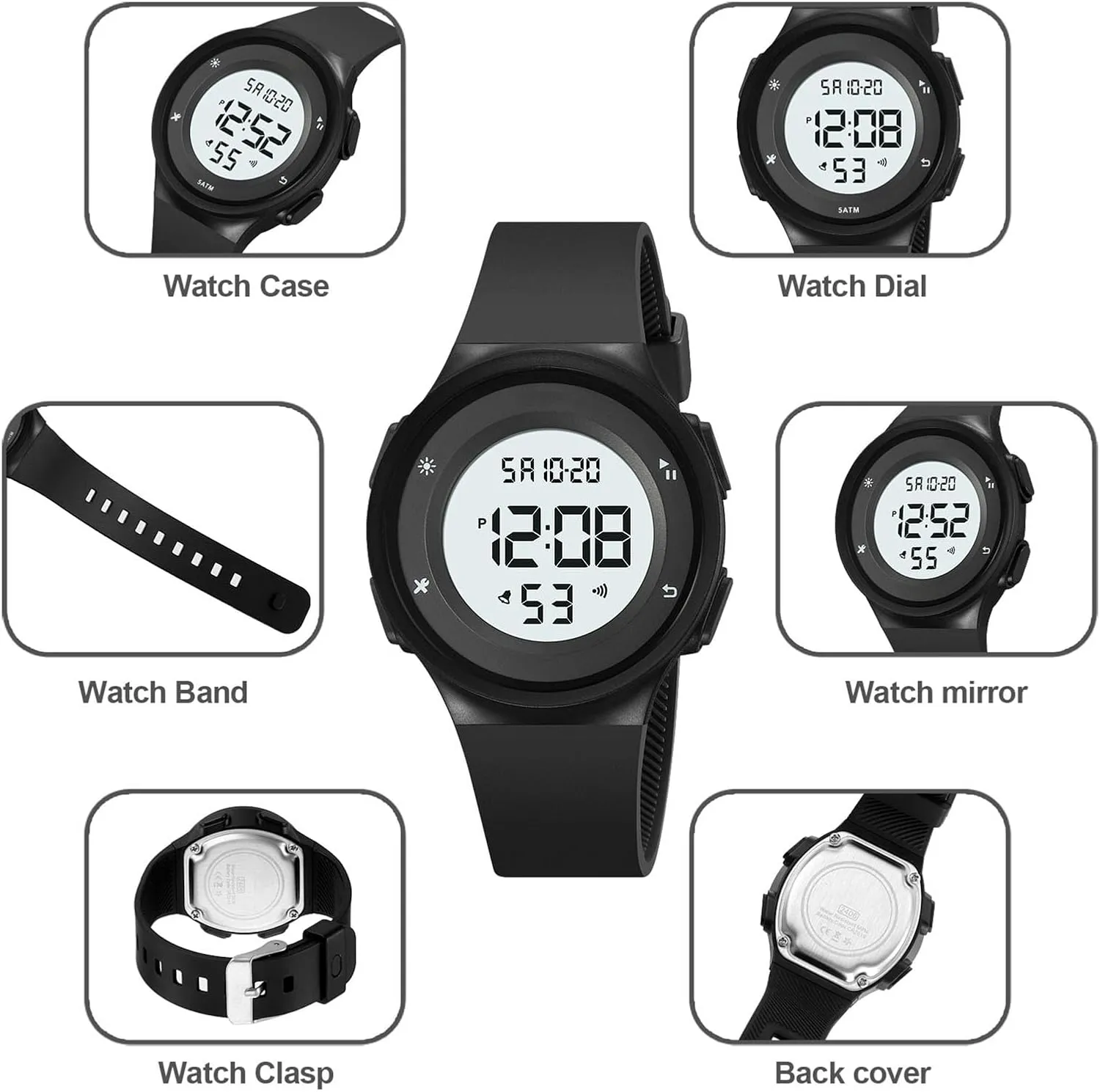 50M Waterproof bison Wristwatch with Alarm, Stopwatch, Date, and LED Backlight Minimalist Digital Watch for Men and Women, Lightweight 