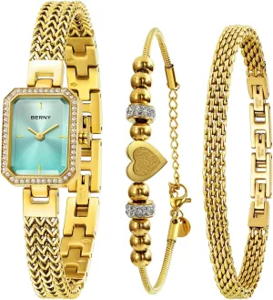 Accented Fashion Luxury Birthday Present for Women silt oat BERNY Gold Watches for Women Ladies Wrist Watch and Bracelet Set Dainty Quartz Bracelet Watch Premium Crystal 