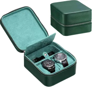 Accessory Storage Compartment, Top-Grain Leather Watch Roll Carrying Box for Men | Tough Portable Protection Zipper Fit All Wristwatches & Smart Watches Up to 60mm (2 1GR) prosperity 2 Watch Travel Case with 