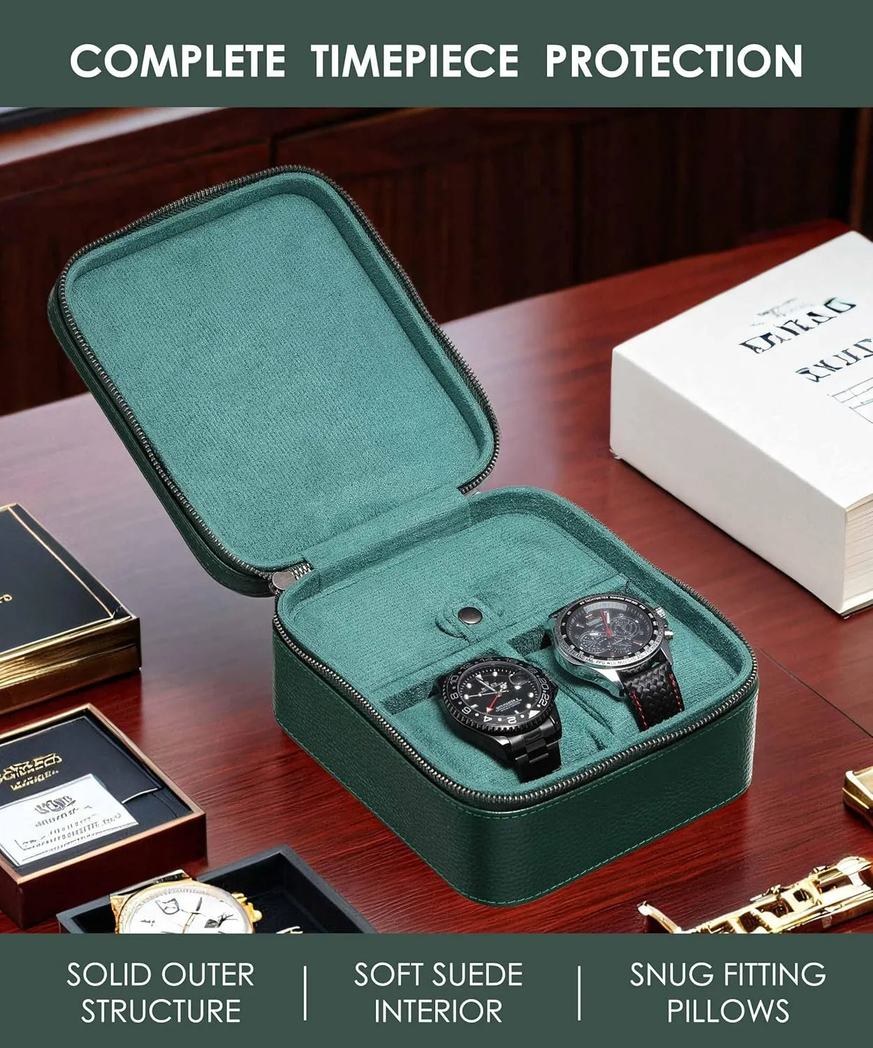 Accessory Storage Compartment, Top-Grain Leather Watch Roll Carrying Box for Men | Tough Portable Protection Zipper Fit All Wristwatches & Smart Watches Up to 60mm (2 1GR) prosperity 2 Watch Travel Case with 